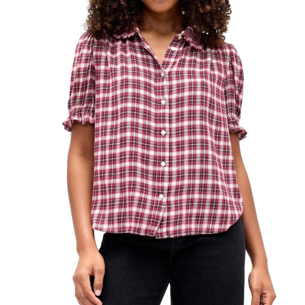 New GAP Blouse XL Red Plaid Ruffle Relaxed Flannel Puff Sleeve Button Down